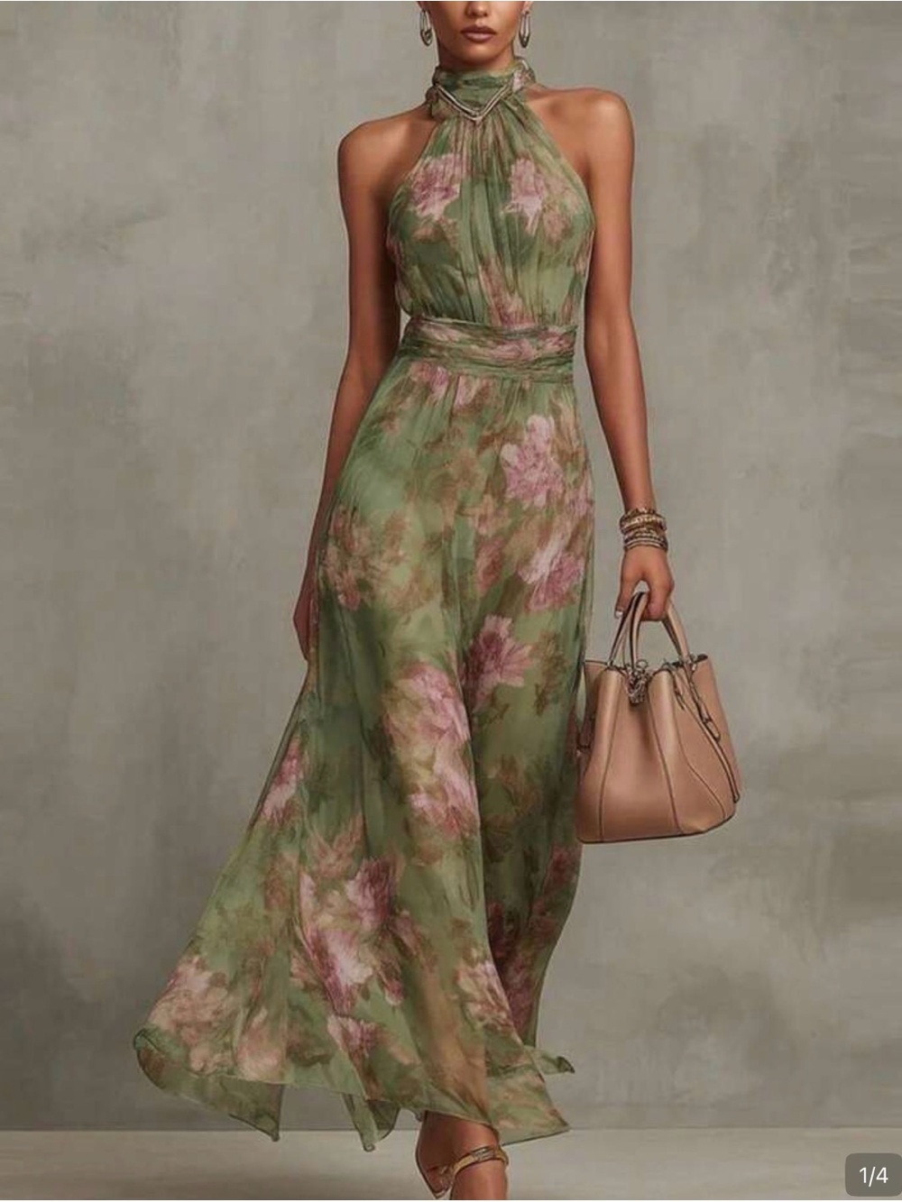 SHEIN Green and Pink Floral Halter Maxi Dress